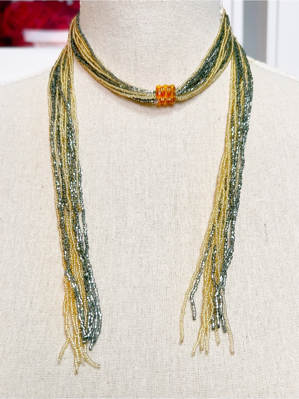 Vintage Multi-Strand Seed Bead Lariat Scarf Necklace Gold Black Gunmetal Boho